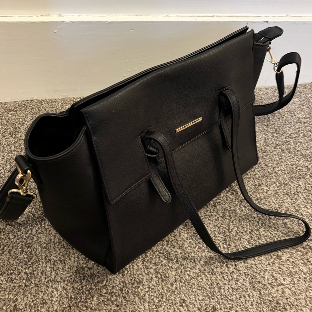 Black Oversized Faux Leather Shoulder Bag with Gold Accents